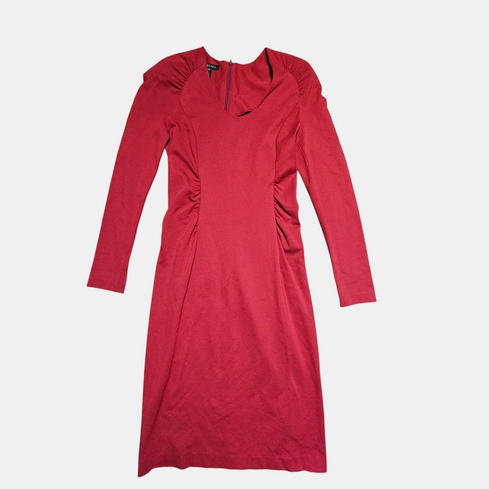 Escada Scoop Neck Long Sleeve Sheath Dress Ruched‎ Detail 36 Viscose Blend